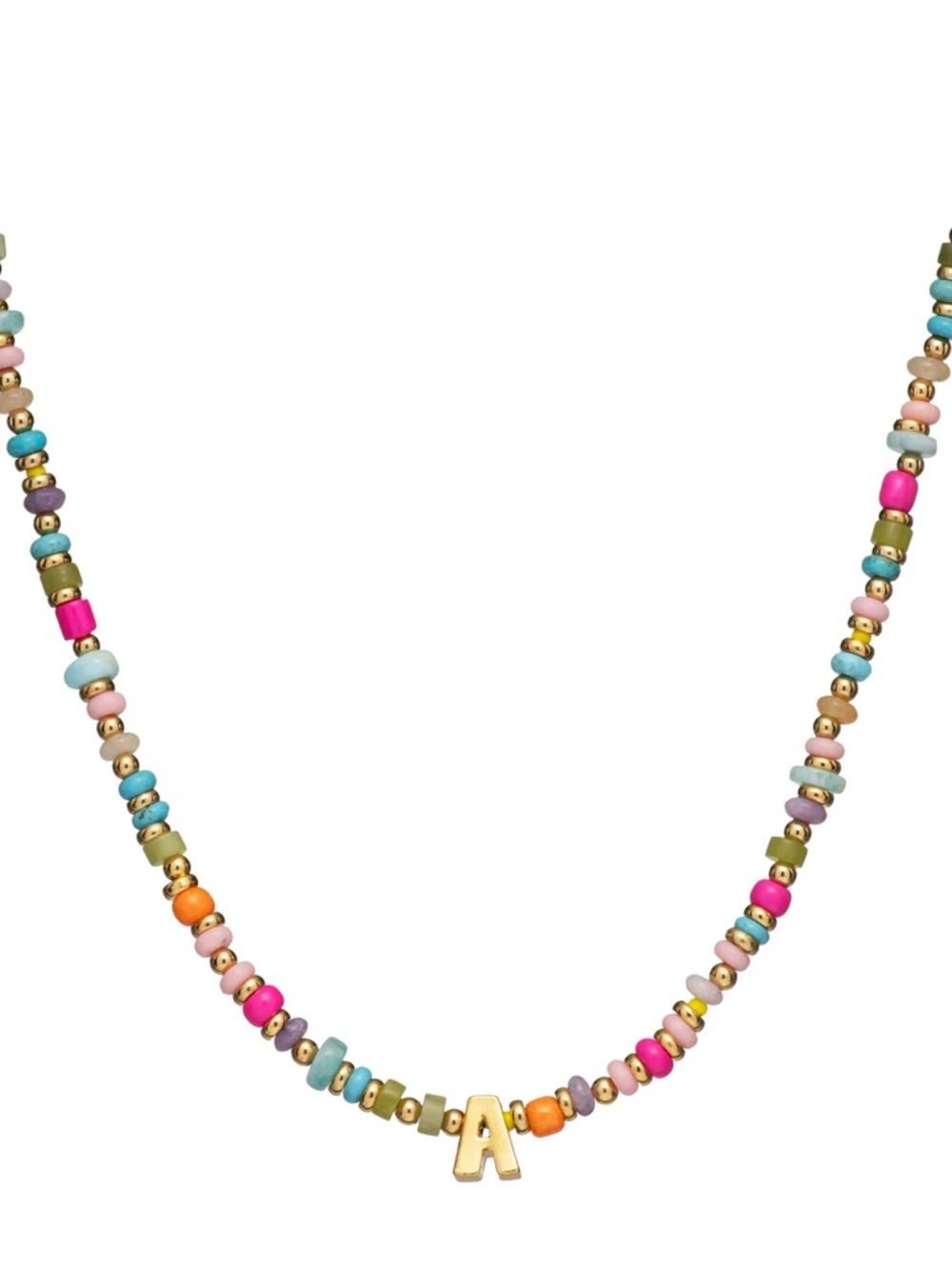 "A" Multi Semi Precious Gemstones Initial Necklace 24K Gold Plated NWOT